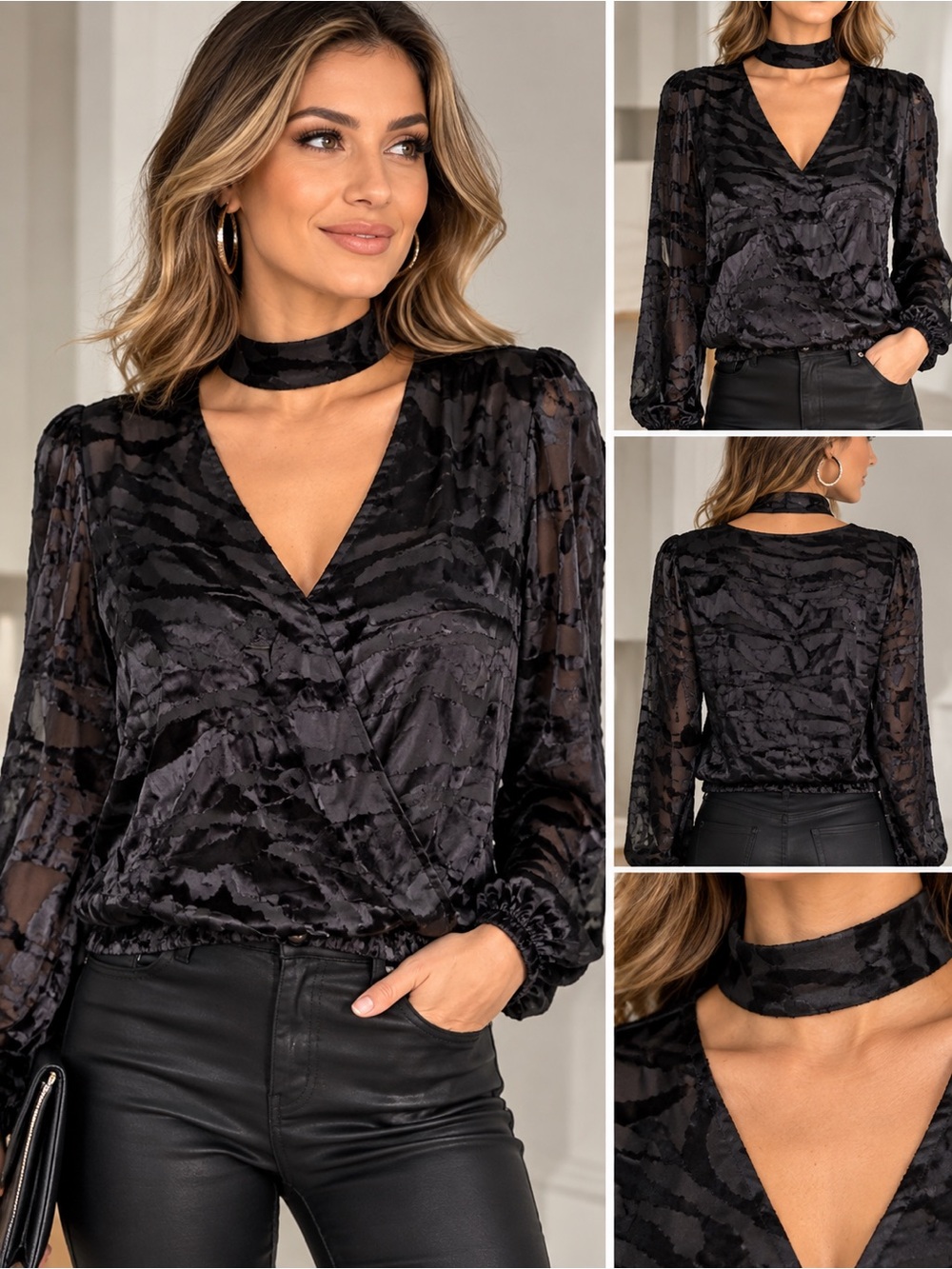 White House Black Market Black Velvet Burnout Satin Blouse Size S